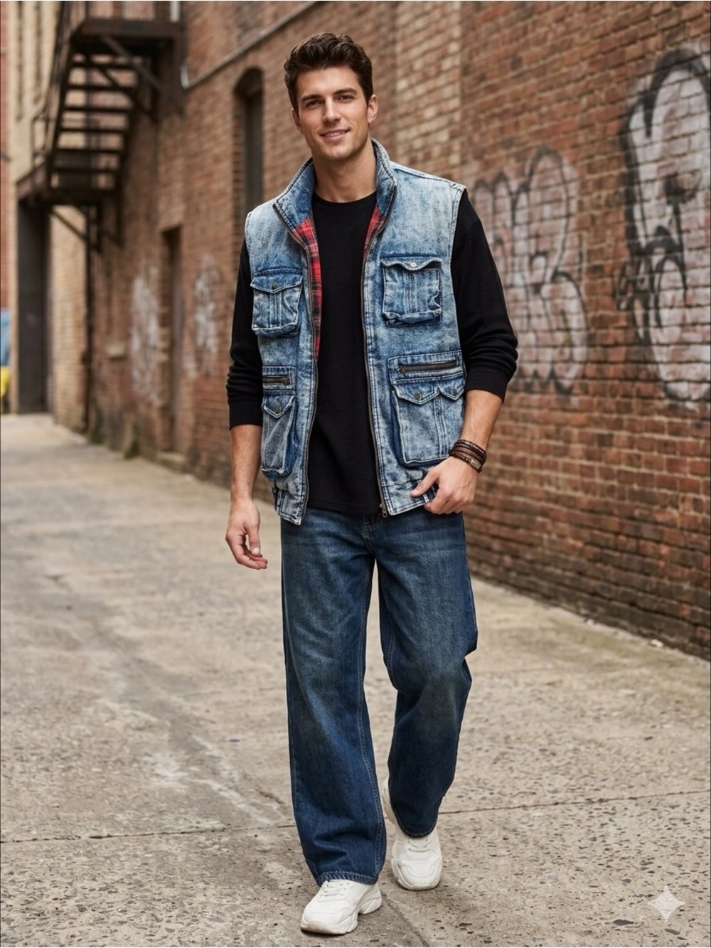 Vintage Y2K Flannel Lined Acid Wash Denim Vest Cargo Streetwear Retro Jacket M